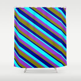 [ Thumbnail: Aqua, Dark Orchid, Green, and Dark Blue Colored Stripes/Lines Pattern Shower Curtain ]