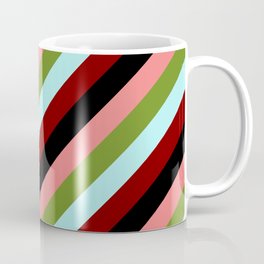 [ Thumbnail: Eyecatching Light Coral, Green, Turquoise, Maroon & Black Colored Striped/Lined Pattern Coffee Mug ]