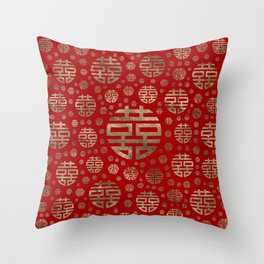 Double Happiness Symbol pattern - Gold on red Throw Pillow