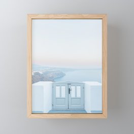Gate with a Santorini view | Sunrise Greece sunset | pastel blue | travel art wall print Framed Mini Art Print