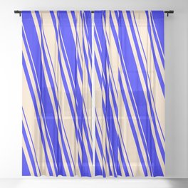 [ Thumbnail: Bisque & Blue Colored Lined Pattern Sheer Curtain ]