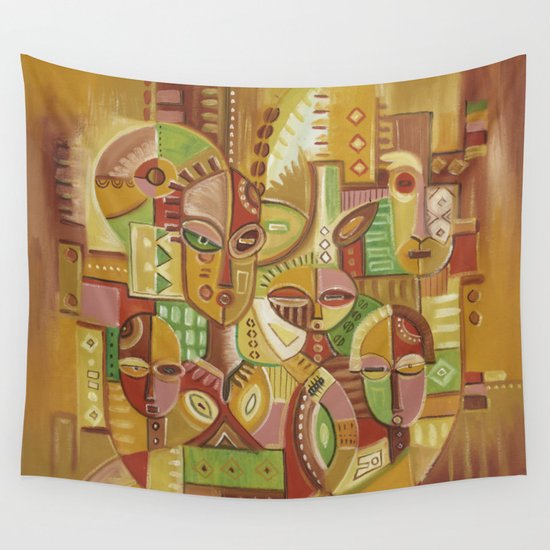 Happy Family Golden Abstract African Painting Wall Tapestry By
