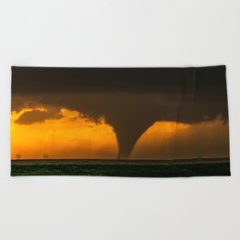 Silhouette - Large Tornado at Sunset in Kansas Beach Towel