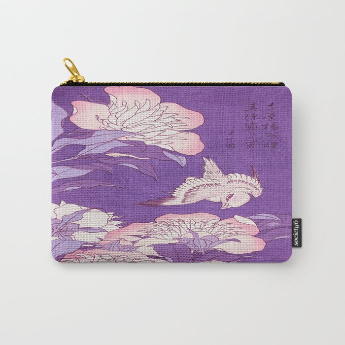 Lavender Dreams: Pink Peonies and Canary by Katsushika Hokusai (fka Japanese Flowers Purple Pink) Carry-All Pouch