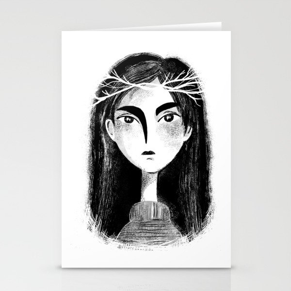 Black and white portrait of a girl with branches in her hair Stationery Cards