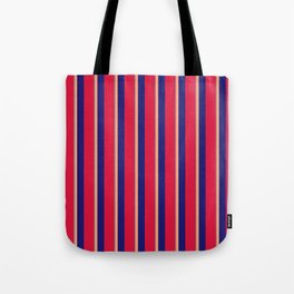 [ Thumbnail: Gray, Light Salmon, Midnight Blue, and Crimson Colored Stripes Pattern Tote Bag ]