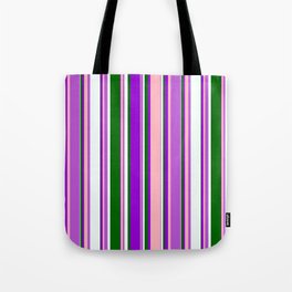 [ Thumbnail: Eyecatching Orchid, Light Pink, Dark Violet, Dark Green & Mint Cream Colored Lines/Stripes Pattern Tote Bag ]