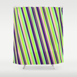[ Thumbnail: Light Green, Pink, Dim Grey, Indigo & Green Colored Pattern of Stripes Shower Curtain ]