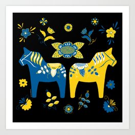 Blue Yellow - Swedish Dala Animals Art Print