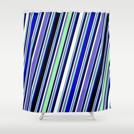 [ Thumbnail: Mint Cream, Slate Blue, Green, Blue, and Black Colored Pattern of Stripes Shower Curtain ]
