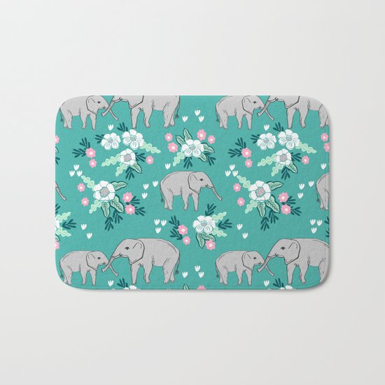Elephants cute pattern florals good luck flowers and baby animals Bath Mat