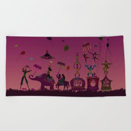 colorful circus carnival traveling in one row at night Beach Towel
