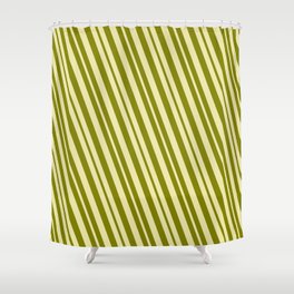 [ Thumbnail: Pale Goldenrod and Green Colored Lines Pattern Shower Curtain ]