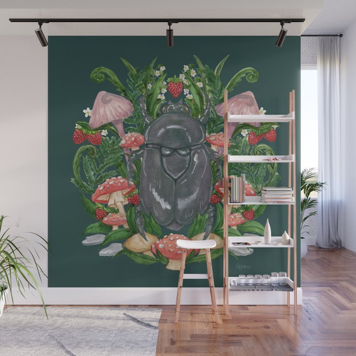 Summer Beetle with Strawberries and Mushrooms - Emerald Version Wall Mural