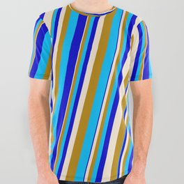 [ Thumbnail: Beige, Dark Goldenrod, Deep Sky Blue & Blue Colored Stripes Pattern All Over Graphic Tee ]