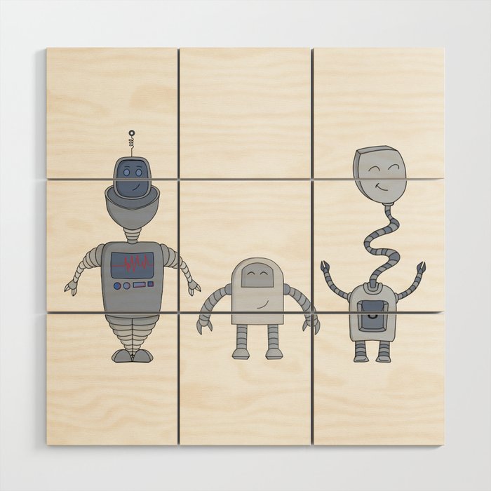 Three Adorable Robots Wood Wall Art
