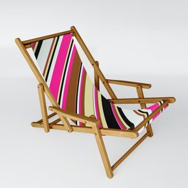 [ Thumbnail: Vibrant Brown, Pale Goldenrod, Black, Mint Cream & Deep Pink Colored Lined/Striped Pattern Sling Chair ]