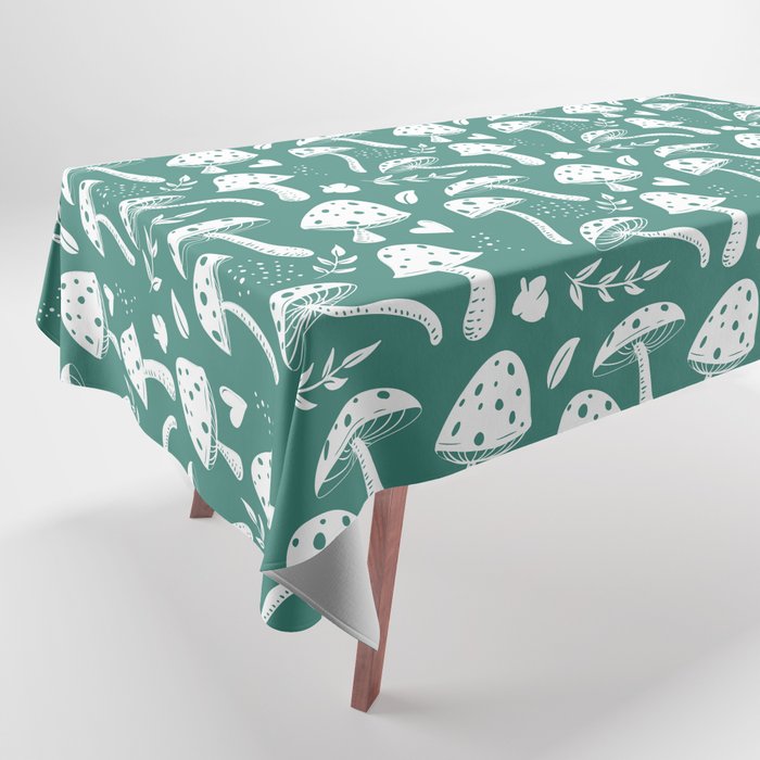 White Mushroom Seamless Pattern on Green Blue Background Tablecloth