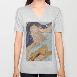 Salty Abstract in Blue and Peach V Neck T Shirt