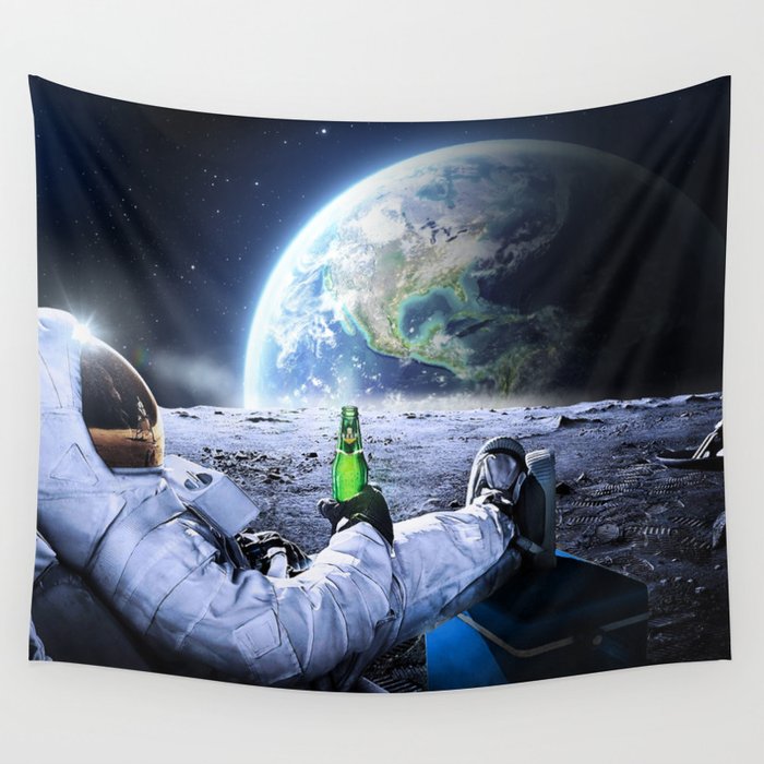 Astronaut on the Moon with beer Wall Tapestry by Synthwave1950