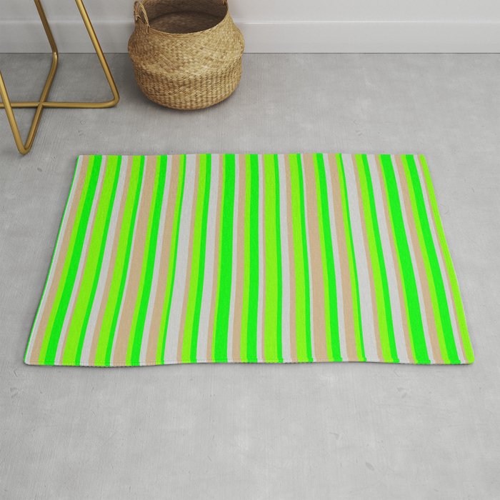Tan, Chartreuse, Lime & Light Grey Colored Striped/Lined Pattern Rug