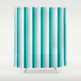 [ Thumbnail: Teal, Light Cyan, Light Gray & Turquoise Colored Pattern of Stripes Shower Curtain ]