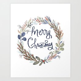 Merry Christmas Eucalyptus and Berry Wreath Art Print