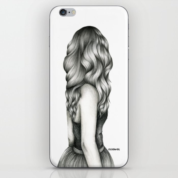 black white pencil sketch wavy hair girl mew phone skins