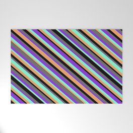 [ Thumbnail: Eye-catching Black, Dim Grey, Purple, Aquamarine & Brown Colored Stripes/Lines Pattern Welcome Mat ]