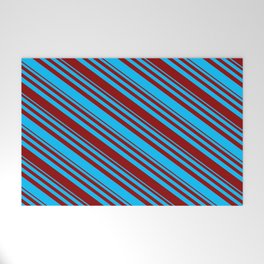 [ Thumbnail: Deep Sky Blue and Dark Red Colored Lined Pattern Welcome Mat ]
