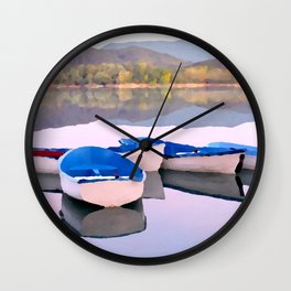 Cute minimalist scene of boats on a lake. Oil painting style. Wall Clock