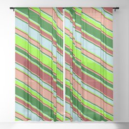 [ Thumbnail: Vibrant Powder Blue, Chartreuse, Brown, Dark Salmon & Dark Green Colored Lined/Striped Pattern Sheer Curtain ]