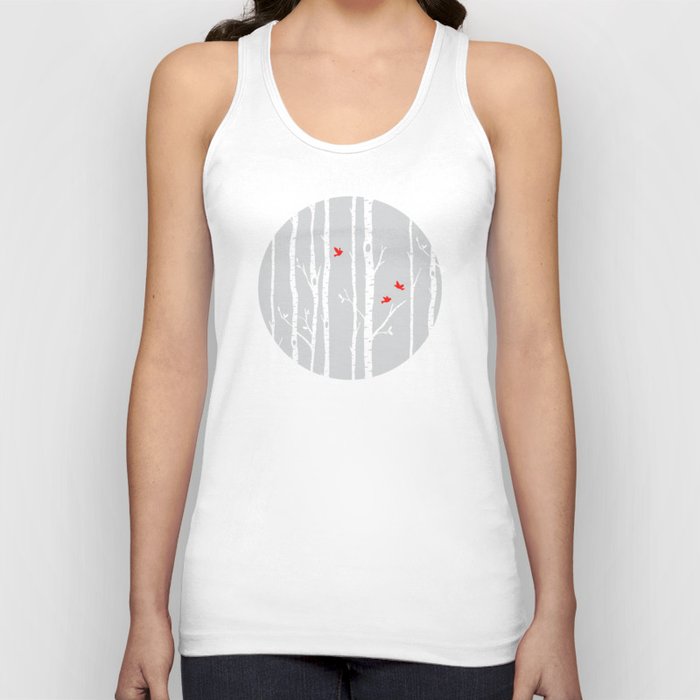 Birch tree forest with red birds on gray Tank Top