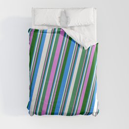 [ Thumbnail: Vibrant Sea Green, Violet, Dark Green, Blue, and White Colored Stripes/Lines Pattern Duvet Cover ]