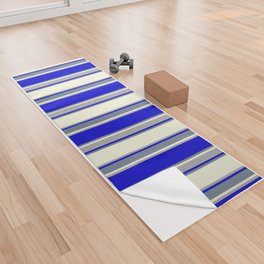 [ Thumbnail: Beige, Dark Grey, Blue, and Slate Gray Colored Pattern of Stripes Yoga Towel ]