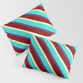 [ Thumbnail: Light Yellow, Turquoise, Dark Slate Blue, and Maroon Colored Stripes Pattern Pillow Sham ]