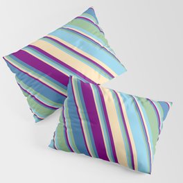 [ Thumbnail: Eyecatching Blue, Dark Sea Green, Sky Blue, Beige, and Purple Colored Lines Pattern Pillow Sham ]