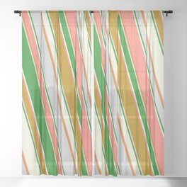 [ Thumbnail: Salmon, Dark Goldenrod, Light Grey, Forest Green, and Beige Colored Striped/Lined Pattern Sheer Curtain ]