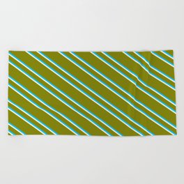 [ Thumbnail: Green, Deep Sky Blue & Beige Colored Striped/Lined Pattern Beach Towel ]