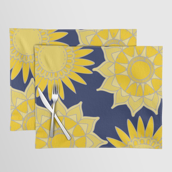 Sunshine yellow navy blue abstract floral mandala Placemat
