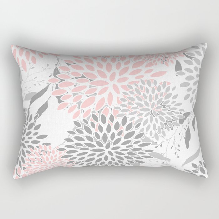 Festive, Floral Prints, Leaves and Blooms, Pink, Gray and White Rectangular Pillow