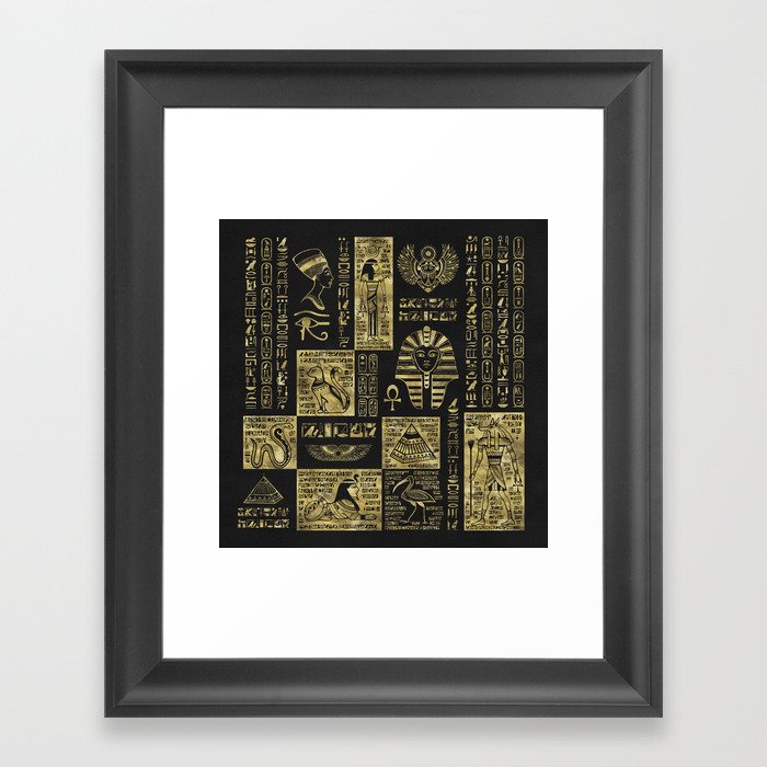 Egyptian  hieroglyphs and symbols gold on black leather Framed Art Print