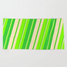 [ Thumbnail: Bisque, Chartreuse, and Lime Green Colored Striped Pattern Beach Towel ]