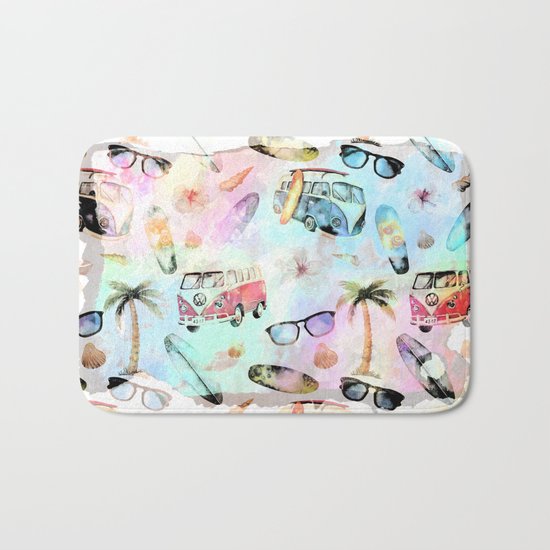 Beach time- Tropical summer watercolor pattern Bath Mat