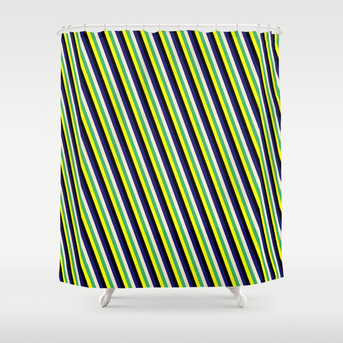 Eye-catching Yellow, Black, Midnight Blue, Beige, and Sea Green Colored Stripes Pattern Shower Curtain