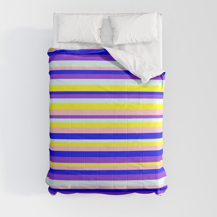 Eyecatching Pink, Blue, Purple, Light Cyan & Yellow Colored Striped Pattern Comforter