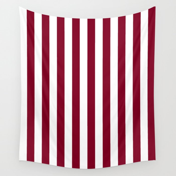 Narrow Vertical Stripes White and Burgundy Red Wall Tapestry by