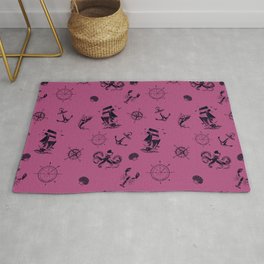 Magenta And Blue Silhouettes Of Vintage Nautical Pattern Area & Throw Rug