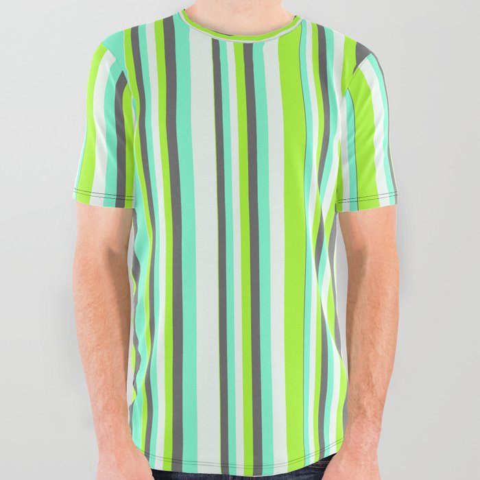 Light Green, Dim Grey, Aquamarine, and Mint Cream Colored Stripes Pattern All Over Graphic Tee