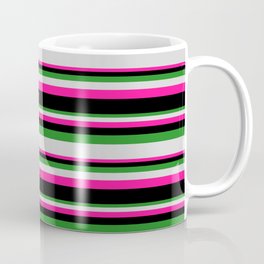 [ Thumbnail: Forest Green, Light Gray, Deep Pink, and Black Colored Stripes Pattern Coffee Mug ]